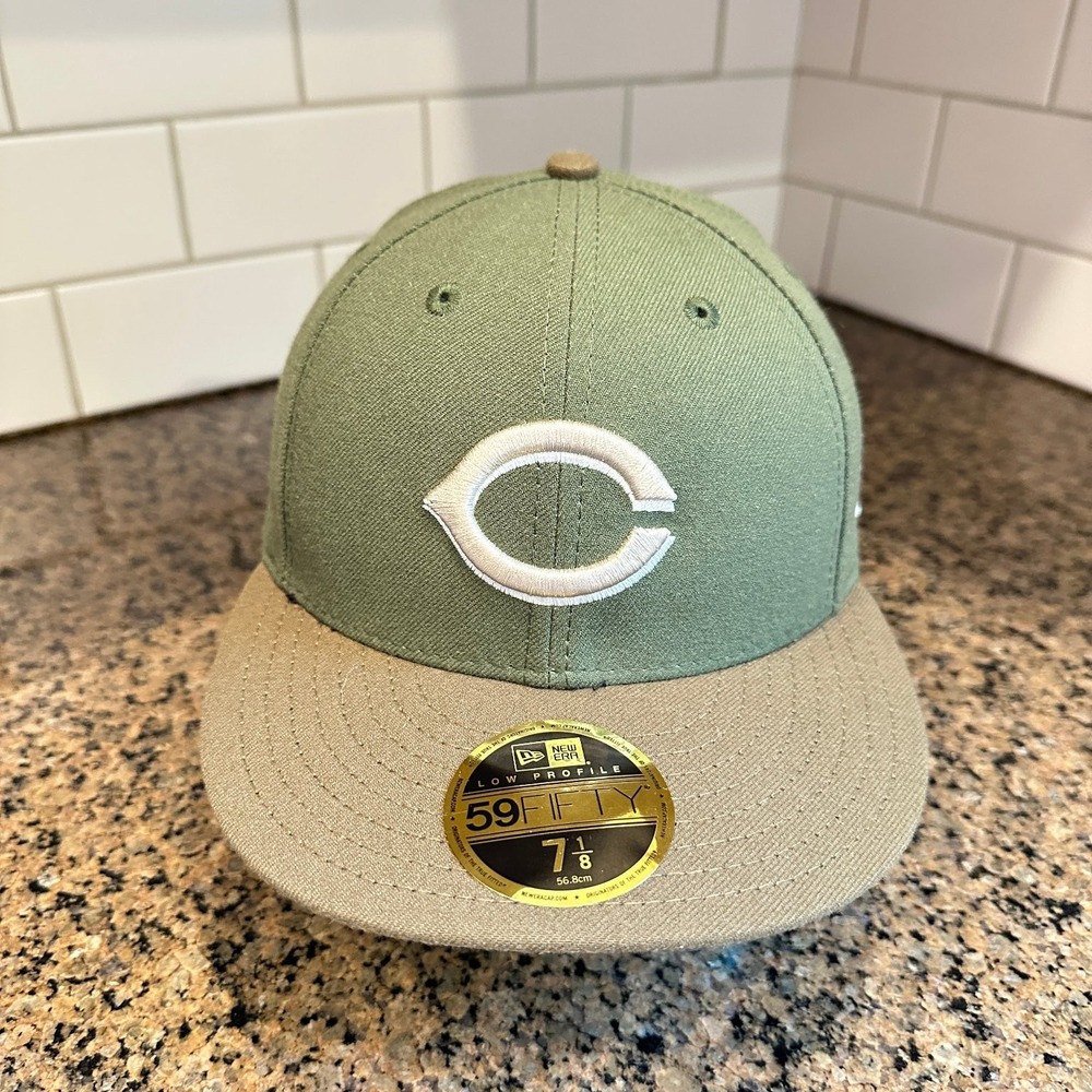 Cincinnati Reds New Era 59FIFTY Low Profile Hat 7 1/8 Olive Tan MLB New